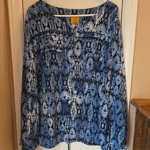 Ruby Rd. Blue Geometric Patrern Long Sleeve Top